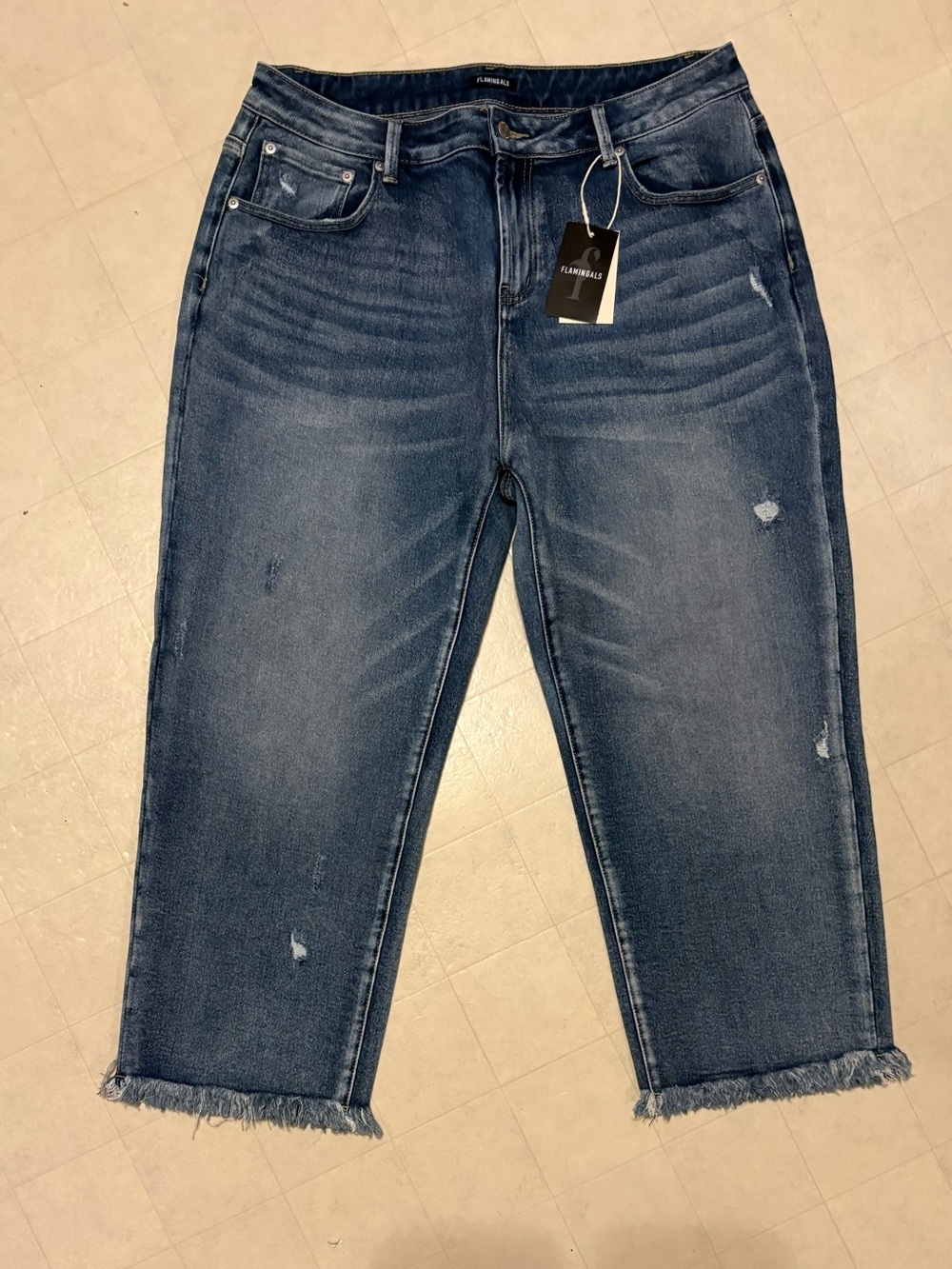 Flamingo New With Tags Mid-Rise Distressed Cropped Jeans in Dark Blue